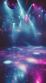 Neon disco hush on a glittering empty dancefloor night.