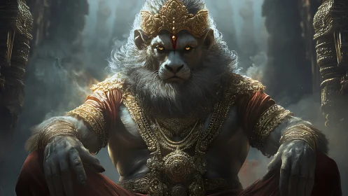 Lion-headed deity figure in ornate golden armor seated.