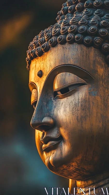 Gentle golden Buddha statue glows softly in evening light