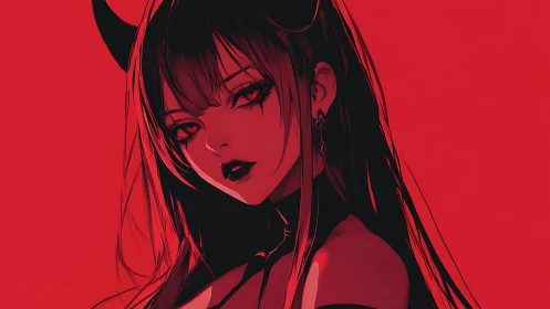 Crimson-lit demon girl portrait with intense red gaze.