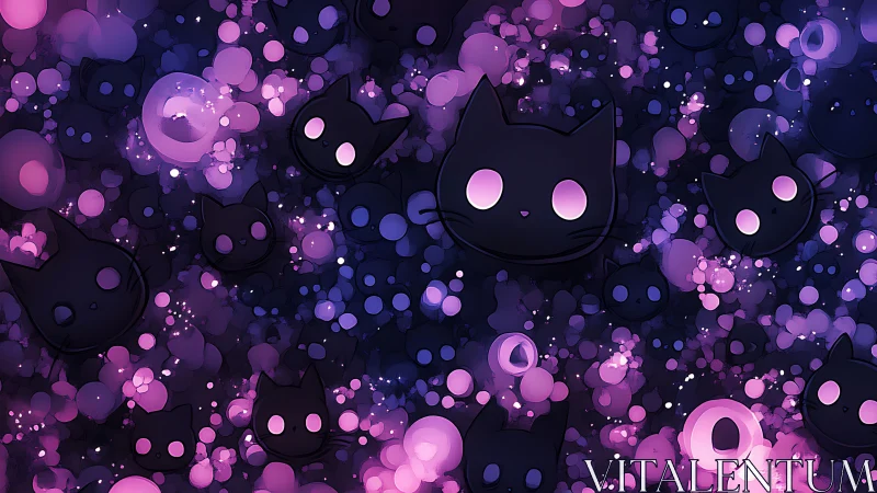 Neon violet cat faces amid luminous abstract bokeh field