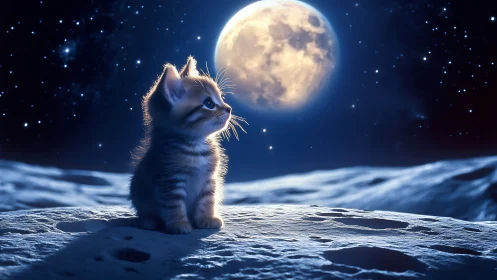 Kitten Gazes at Full Moon Under Starlit Sky.