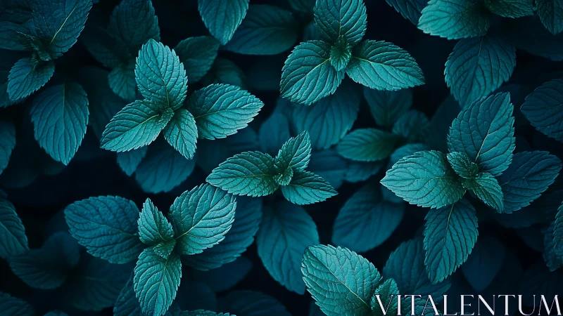Teal mint foliage in dramatic top-down macro composition.