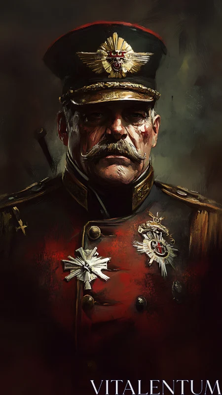 Scarred field marshal studies the darkness beyond the frame