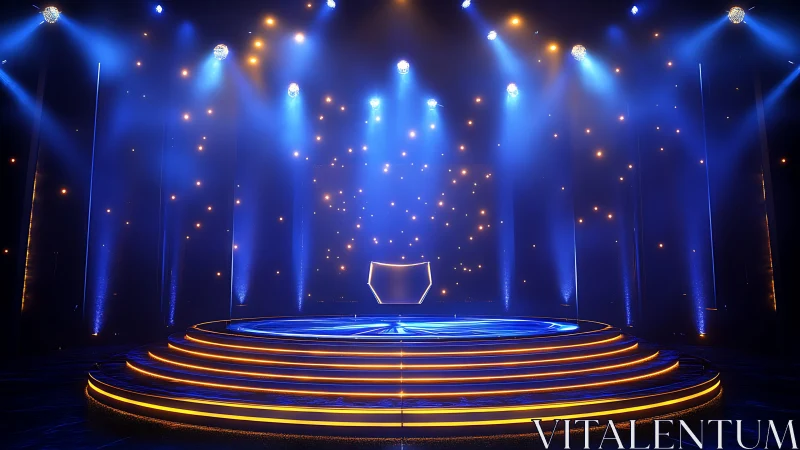 Futuristic circular stage glows under blue and gold spotlights.