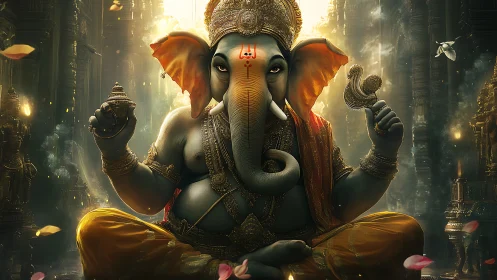 Digital rendering depicts seated Ganesha figure in temple setting