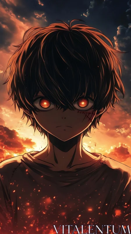 Anime boy with glowing eyes framed by apocalyptic sunset sky