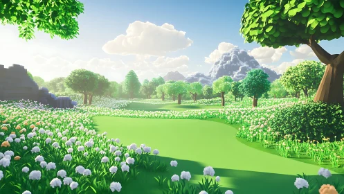 Low poly meadow landscape under bright summer sunlight.