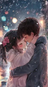 Snowlit city cuddle where shy hearts quietly collide.