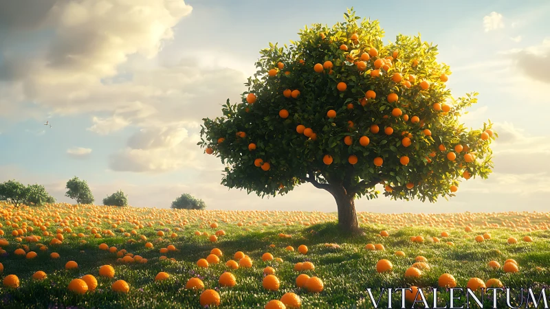 Single orange tree in sunlit field of scattered fruit.
