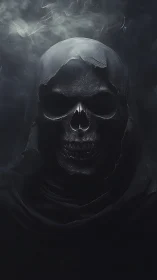 Hooded skeletal visage emerges from dense atmospheric shadow