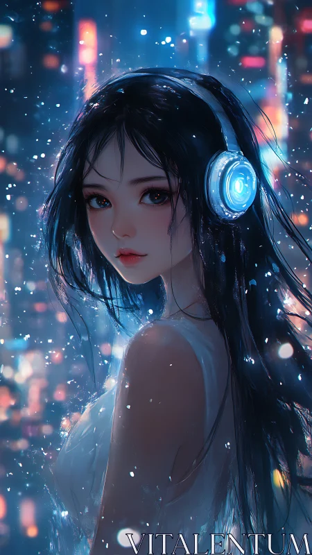 Girl with glowing headphones stands in neon city snowfall