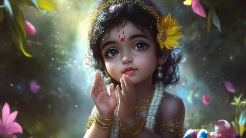 Divine child portrait with floral adornments in light.