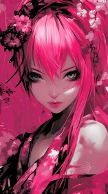Pink haired anime girl portrait with floral headpiece.