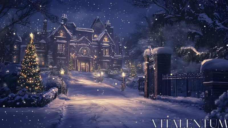 Snowy manor driveway glowing with cozy holiday magic.