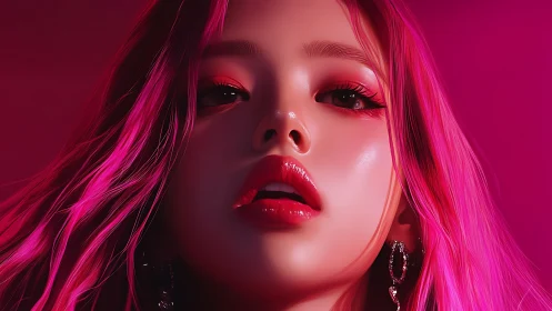 Vibrant neon portrait with glossy pink lighting and lips.