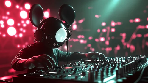 DJ in mouse-ears helmet mixing on neon lit nightclub stage.