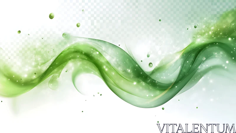 Green fluid wave digital painting with luminous particulate flow.
