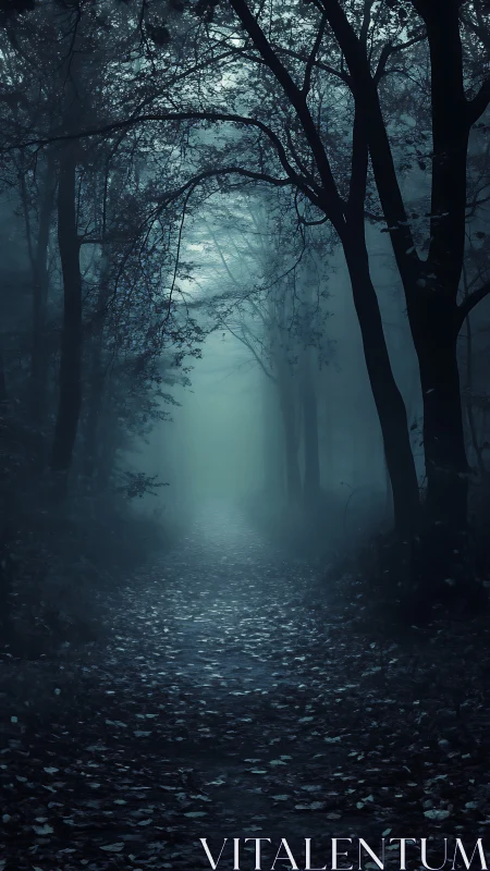 Moonlit Forest Path Through Misty Woodland Depths