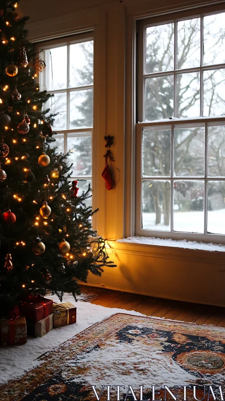 Cozy Christmas tree glows beside snowy windowed living room.