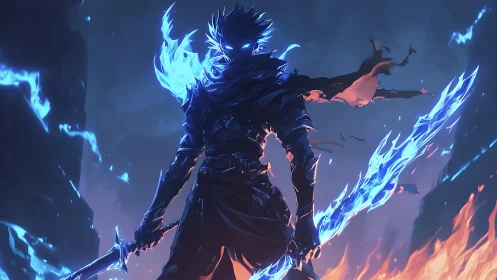 Shadow warrior wields twin blue flame blades in void