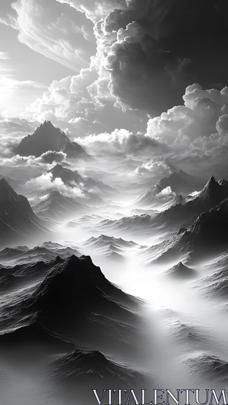 Monochrome volumetric mountains recede beneath turbulent clouds