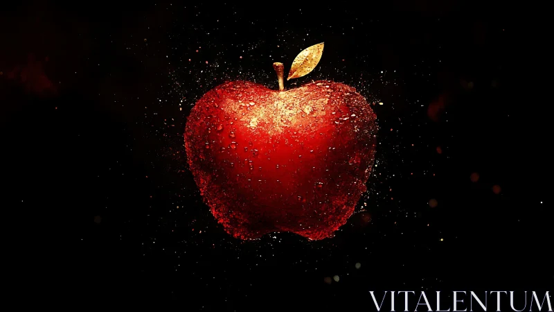 Glowing red apple floats in dark space with water droplets.