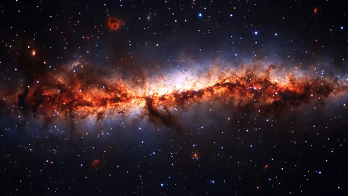 Infrared panoramic view of galactic plane with dust clouds.