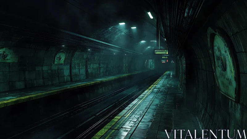 Midnight vapor drifts through a rain-slick cyber subway platform.