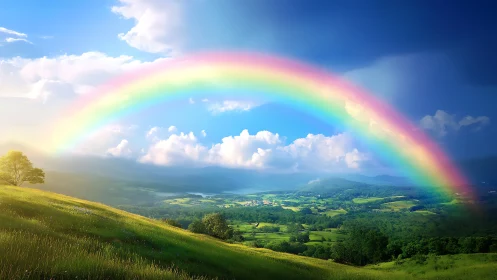 Vibrant rainbow arcs above sunlit valley landscape.