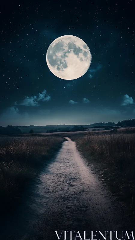 Lunar-illuminated dirt road receding through rural fields at night