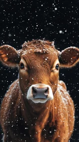 Brown calf in falling snow against dark winter backdrop.