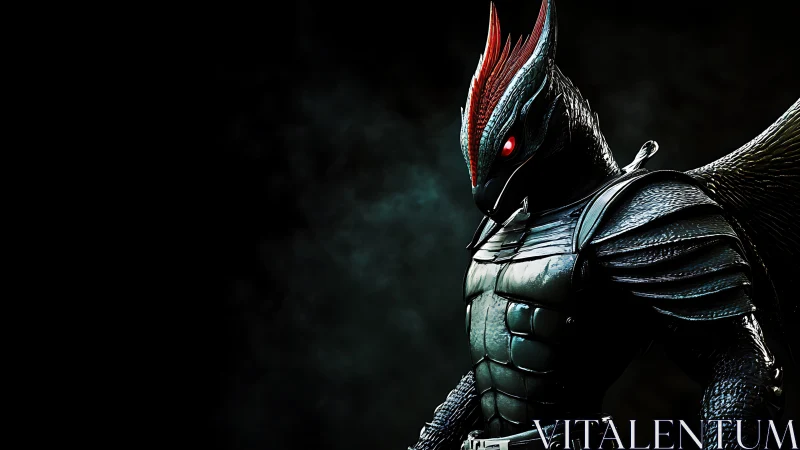 Armored avian warrior stands in dramatic neon gloom
