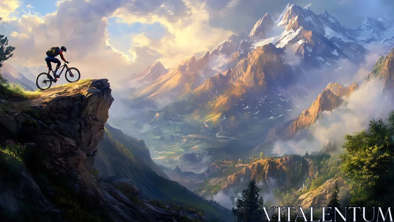 Mountain biker poised on cliff edge above vast alpine valley