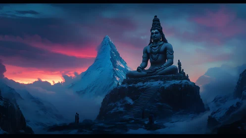 Colossal seated deity statue dominates icy mountain landscape