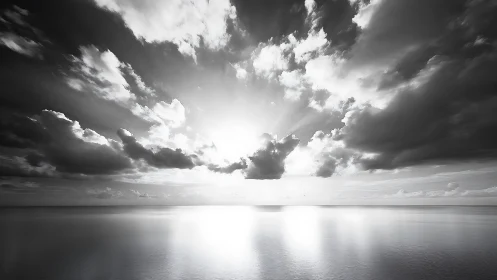 Gentle monochrome sunrise spilling light across calm sea.