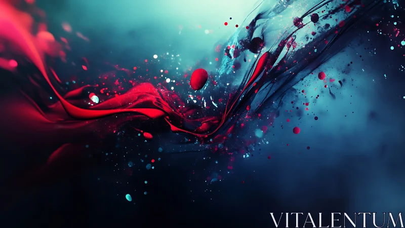 Crimson fluid wave cuts through teal haze with drifting sparks