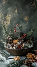 Rustic winter still life with sugared pine and confections in bowl.