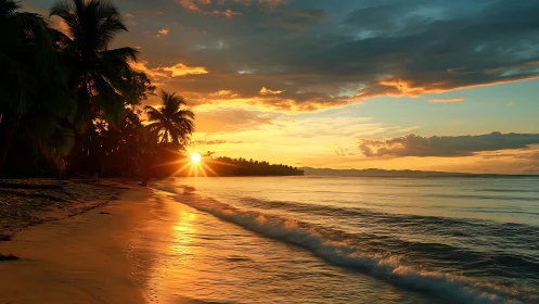 Tropical shoreline sunset with golden surf reflections.