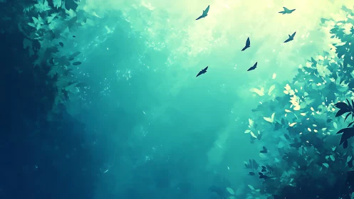 Bird silhouettes above abstract teal forest canopy scene.