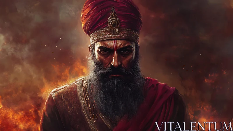 Regal warrior in crimson turban amid glowing embers.