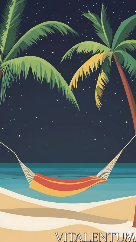 Tropical shoreline hammock under starlit night sky illustration