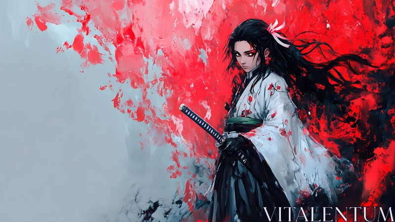 Digital painting of stoic samurai amid abstract crimson field.