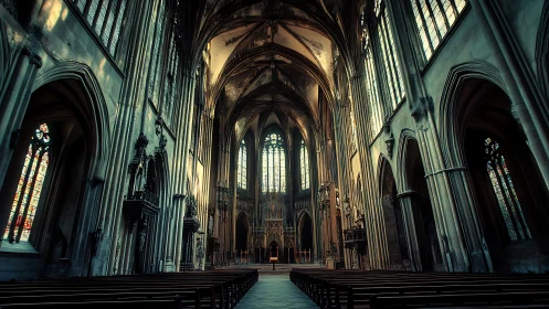 Soaring gothic cathedral bathed in quiet, moody light.