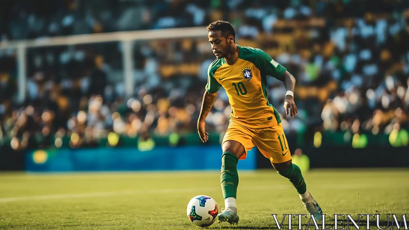 Soccer player in yellow kit controls ball on green field