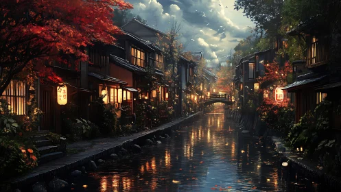 Evening canal between traditional wooden houses in autumn.