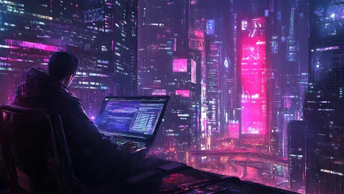 Solitary hacker monitors neon cyberpunk megacity data streams