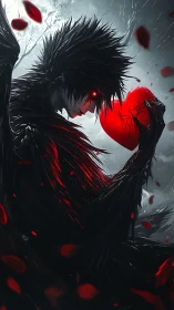 Crimson-eyed raven wraith cradles a burning scarlet heart.