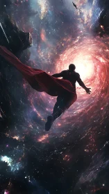 Cloaked hero floats toward glowing cosmic vortex portal.