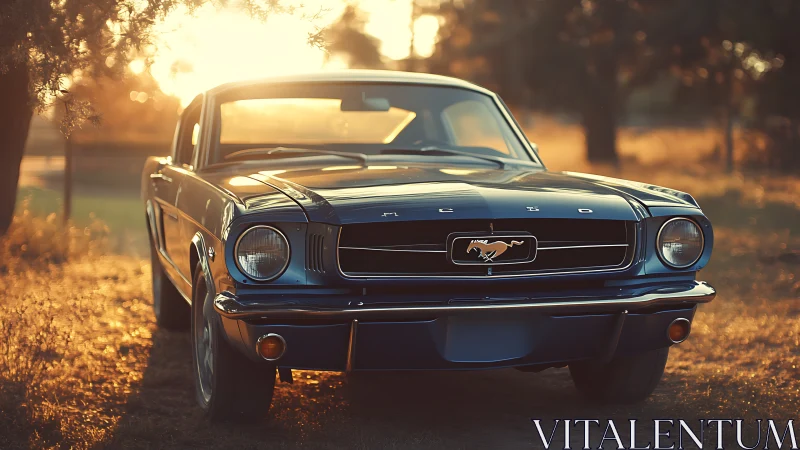 Sunlit classic Mustang coupe in warm countryside glow.